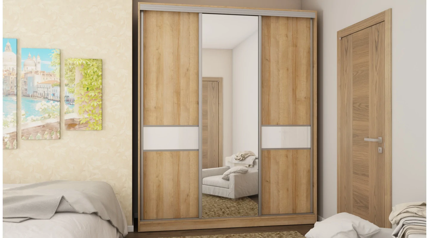 Szafa przesuwna 190x230 cm dąb Riva / biały połysk z lustrem – Calvero | eMeblast