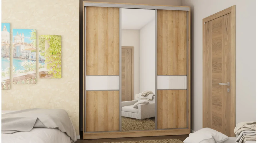 Szafa przesuwna 190x230 cm dąb Riva / biały połysk z lustrem – Calvero | eMeblast