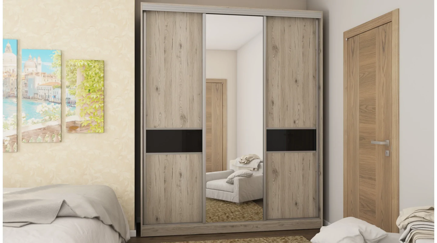 Szafa przesuwna 190x230 cm dąb Bordeaux / czarny połysk z lustrem – Calvero | eMeblast