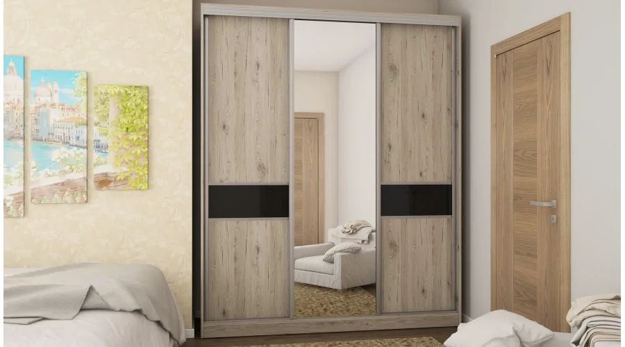 Szafa przesuwna 190x230 cm dąb Bordeaux / czarny połysk z lustrem – Calvero | eMeblast