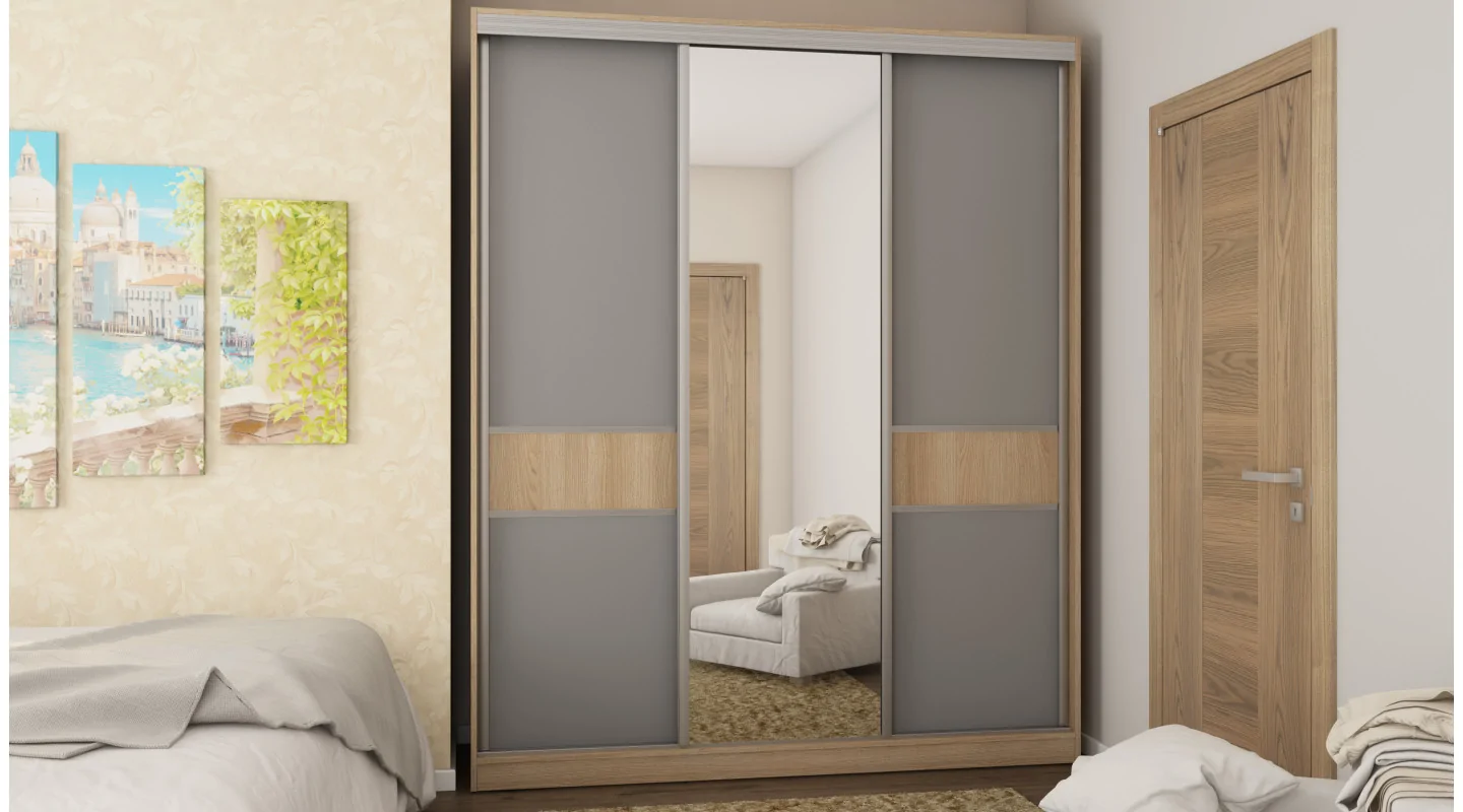 Szafa przesuwna 190x230 cm dąb Lindberg / szara z lustrem – Calvero | eMeblast
