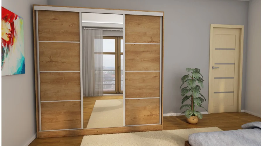 Szafa przesuwna 210x210 cm dąb Lefkas z lustrem i szufladami – Virello | eMeblast