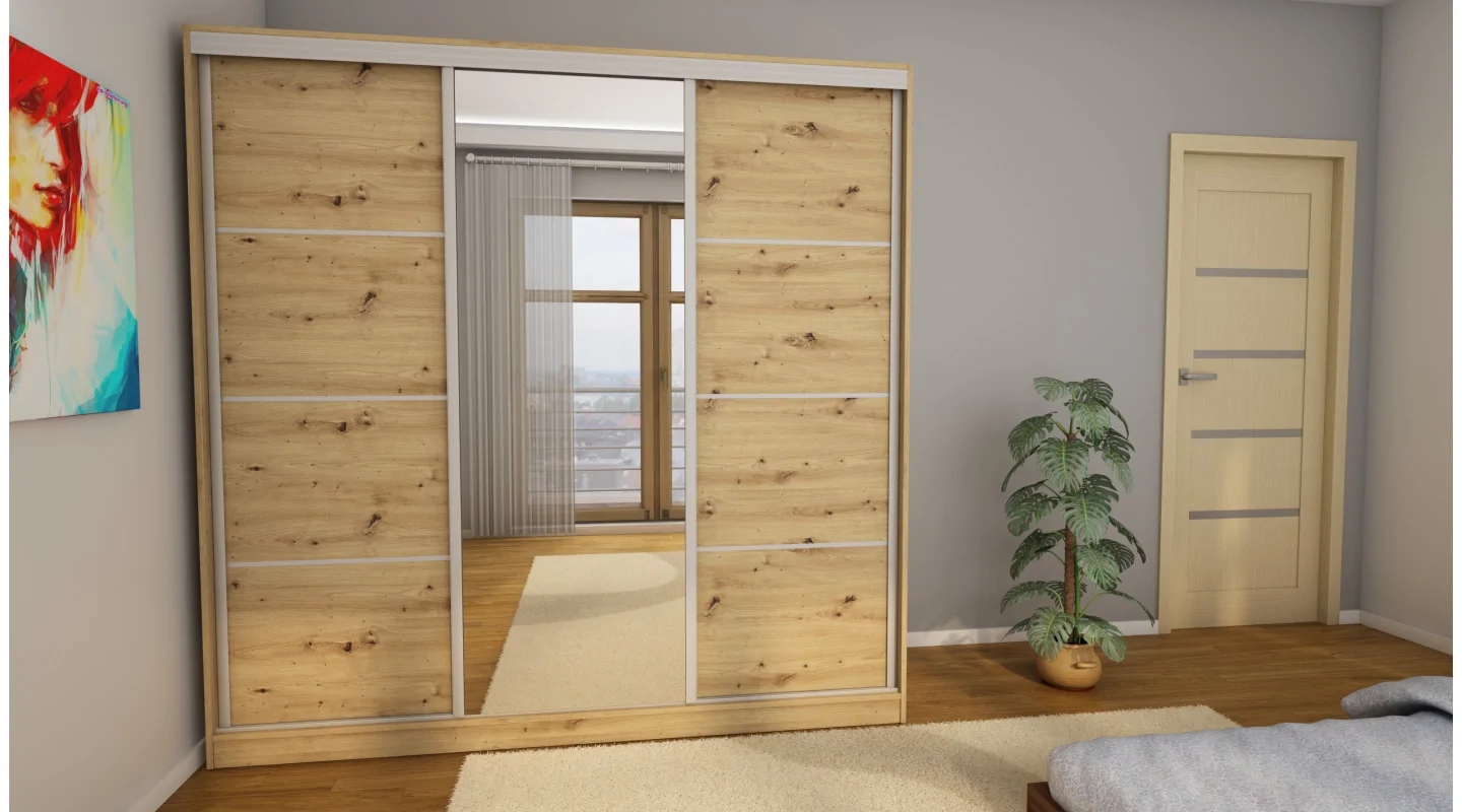 Szafa przesuwna 210x210 cm dąb artisan z lustrem i szufladami – Virello | eMeblast