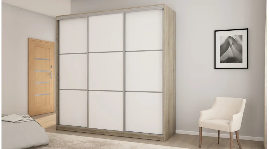 Szafa przesuwna 220x220 cm biel / dąb sonoma jasna z koszami – Norvello | eMeblast