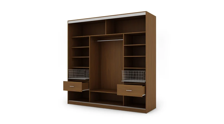Szafa przesuwna 220x220 cm wiśnia Porto z lustrem, koszami i szufladami – Norvello | eMeblast