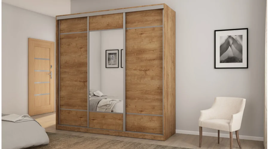 Szafa przesuwna 220x220 cm dąb Lefkas z lustrem, koszami i szufladami – Norvello | eMeblast