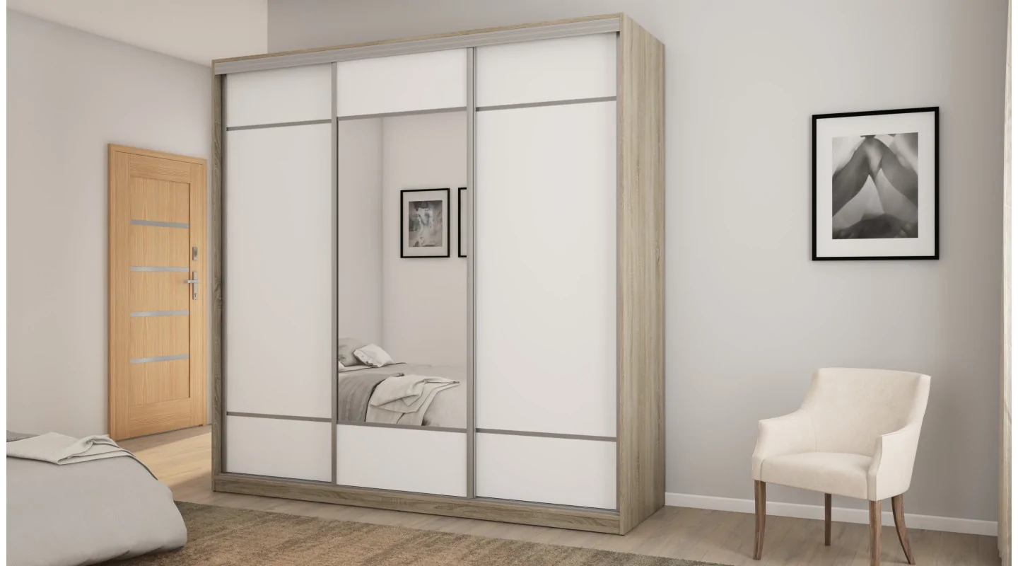 Szafa przesuwna 220x220 cm biel / dąb sonoma jasna z lustrem – Norvello | eMeblast
