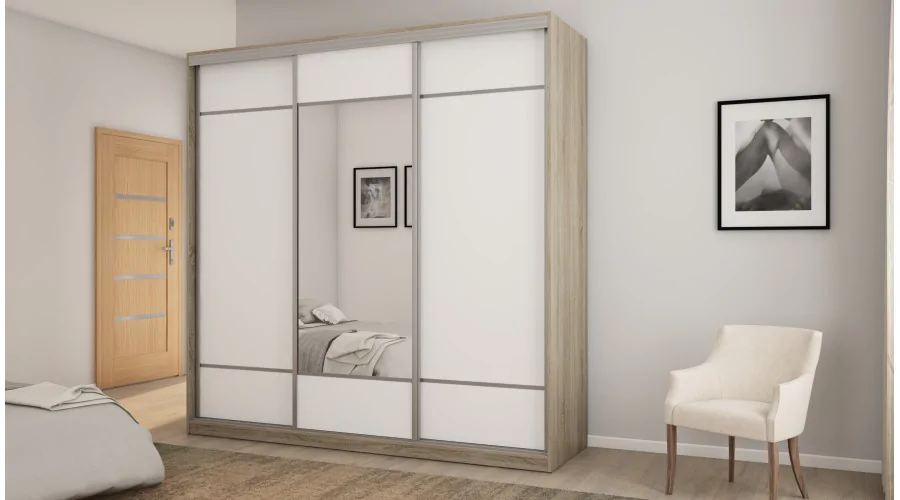 Szafa przesuwna 220x220 cm biel / dąb sonoma jasna z lustrem – Norvello | eMeblast