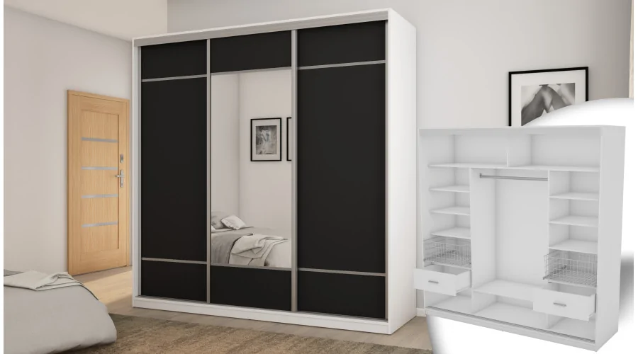 Szafa przesuwna 220x220 cm biel / czarna z lustrem, koszami i szufladami – Norvello | eMeblast