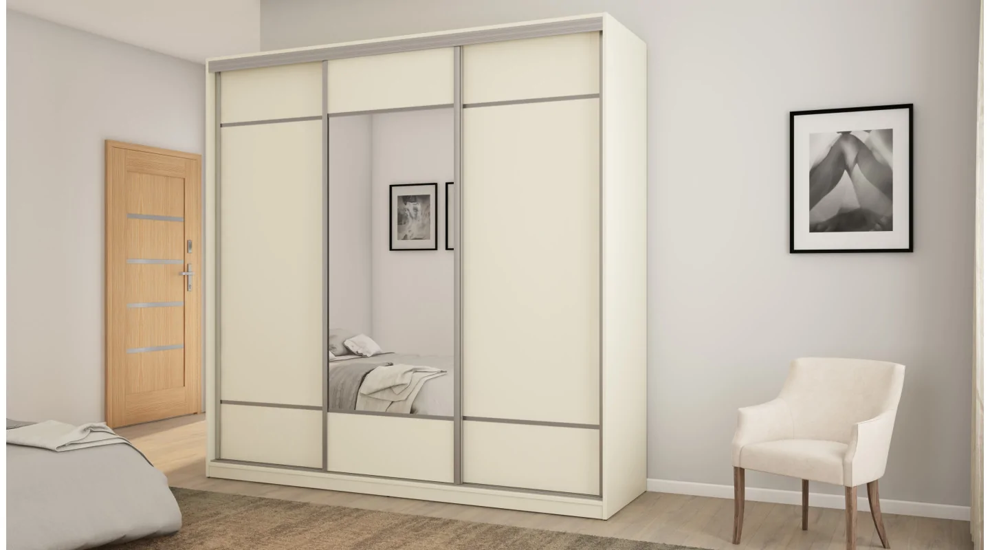 Szafa przesuwna 220x220 cm kość słoniowa z lustrem, koszami i szufladami – Norvello | eMeblast Szafa przesuwna 220x220 cm kość słoniowa z lustrem, koszami i szufladami – Norvello | eMeblast