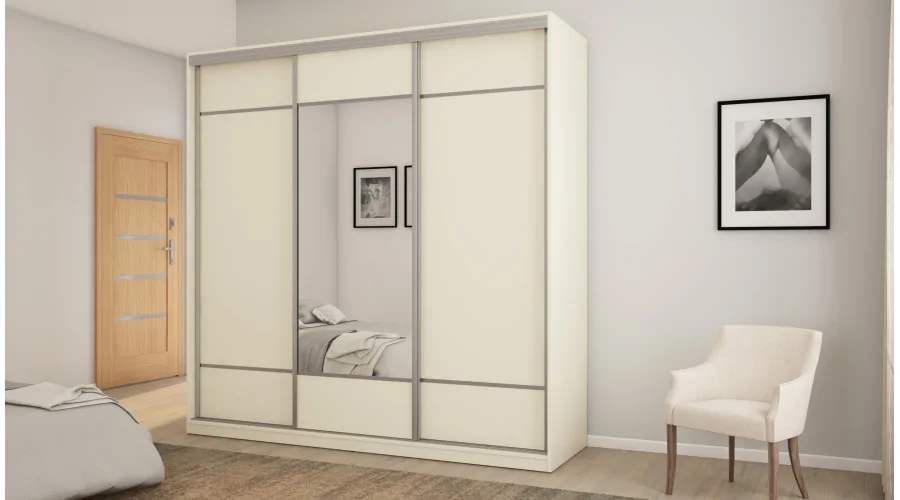 Szafa przesuwna 220x220 cm kość słoniowa z lustrem, koszami i szufladami – Norvello | eMeblast Szafa przesuwna 220x220 cm kość słoniowa z lustrem, koszami i szufladami – Norvello | eMeblast