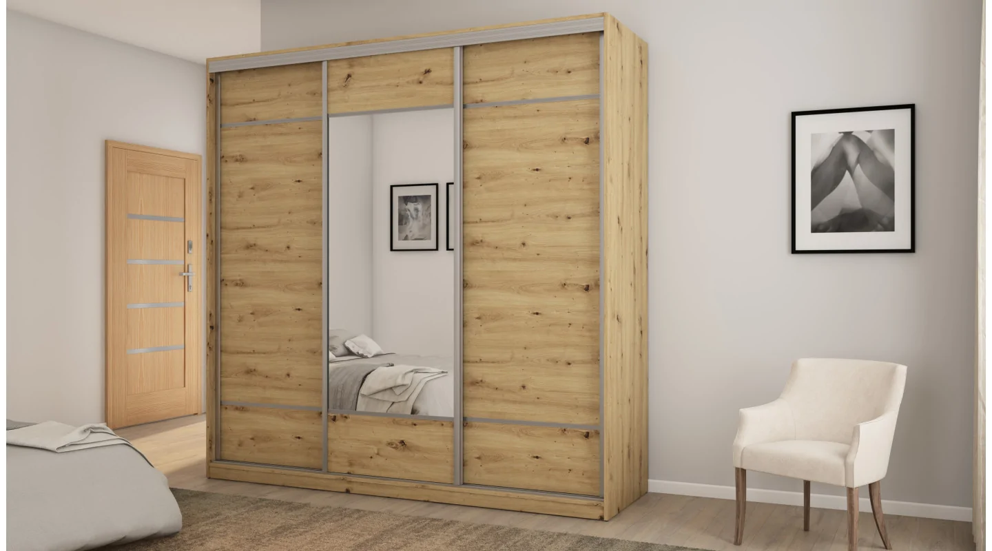 Szafa przesuwna 220x220 cm dąb artisan z lustrem, koszami i szufladami – Norvello | eMeblast Szafa przesuwna 220x220 cm dąb artisan z lustrem, koszami i szufladami – Norvello | eMeblast
