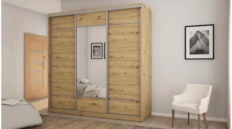 Szafa przesuwna 220x220 cm dąb artisan z lustrem, koszami i szufladami – Norvello | eMeblast Szafa przesuwna 220x220 cm dąb artisan z lustrem, koszami i szufladami – Norvello | eMeblast