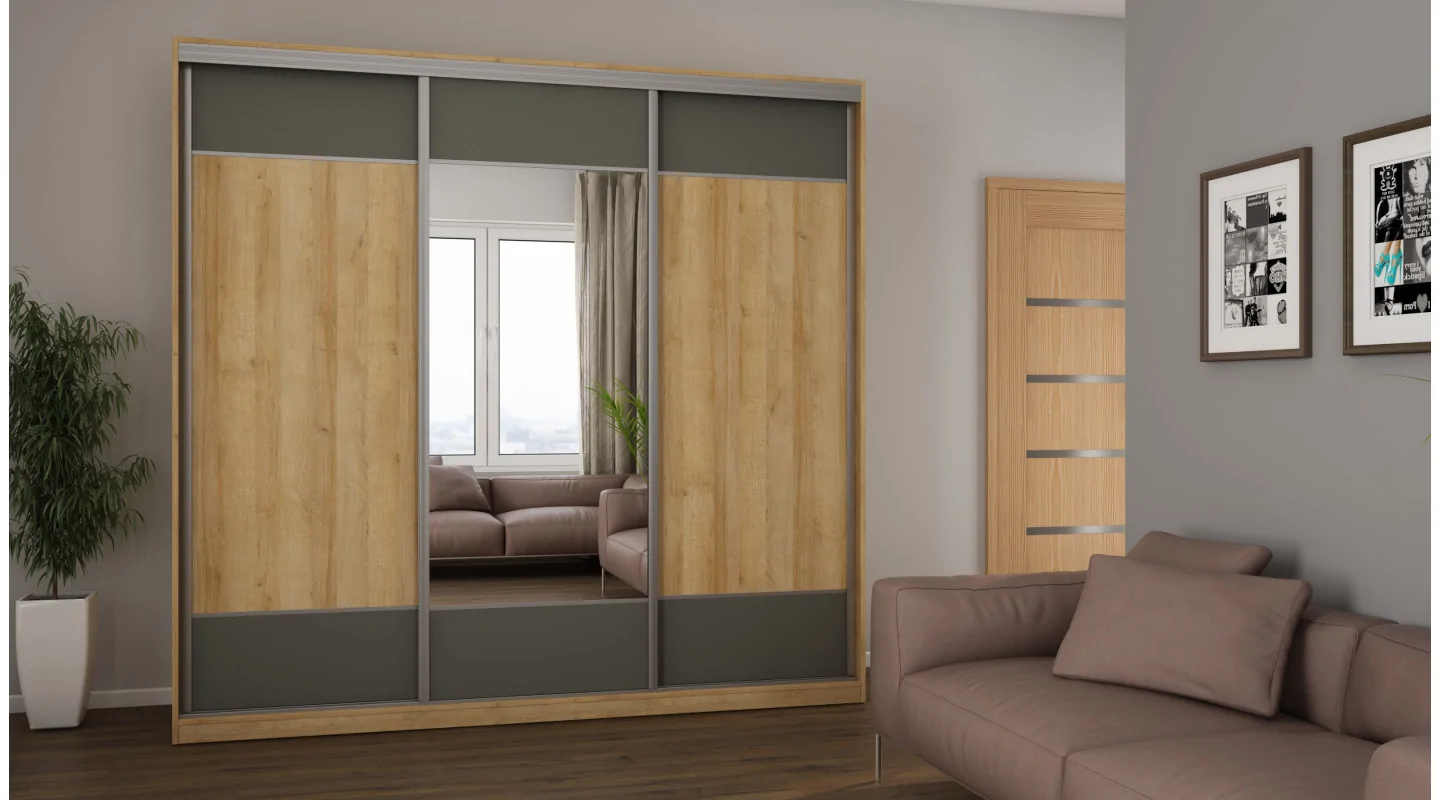 Szafa przesuwna 230x220 cm dąb Riva / grafit z lustrem i koszami – Arvello | eMeblast