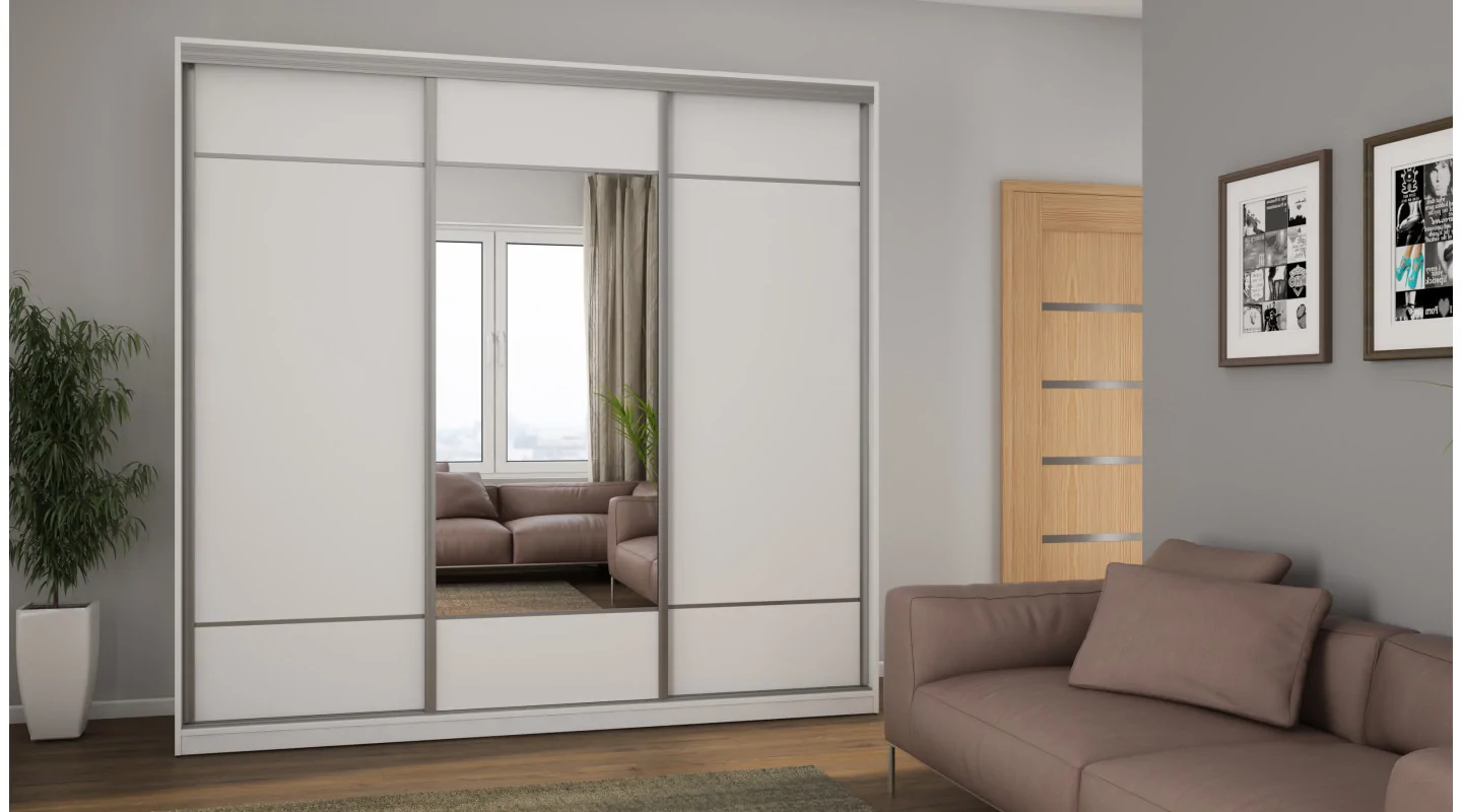 Szafa przesuwna 230x220 cm biała z lustrem i koszami – Arvello | eMeblast Szafa przesuwna 230x220 cm biała z lustrem i koszami – Arvello | eMeblast