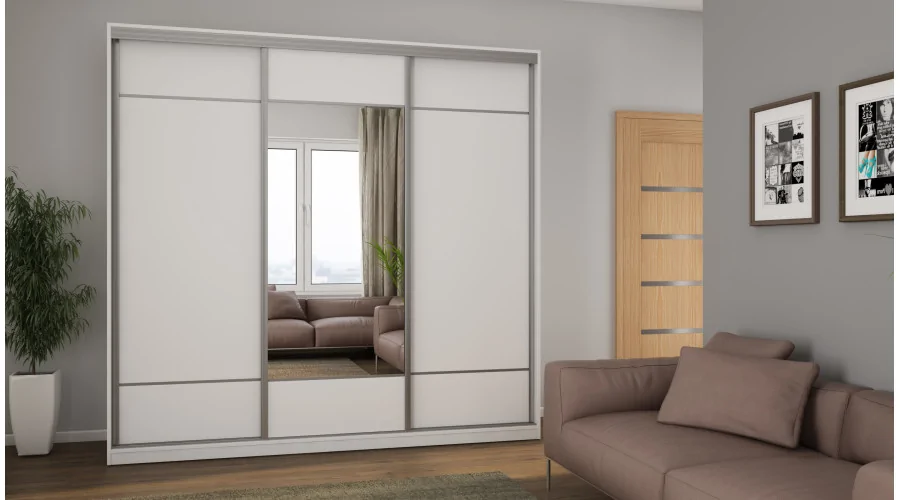 Szafa przesuwna 230x220 cm biała z lustrem i koszami – Arvello | eMeblast Szafa przesuwna 230x220 cm biała z lustrem i koszami – Arvello | eMeblast