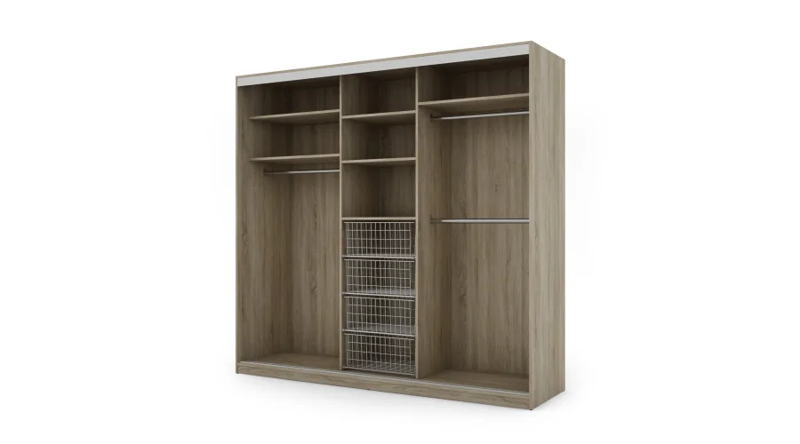 Szafa przesuwna 230x220 cm biel / dąb sonoma jasna z lustrem i koszami – Arvello | eMeblast