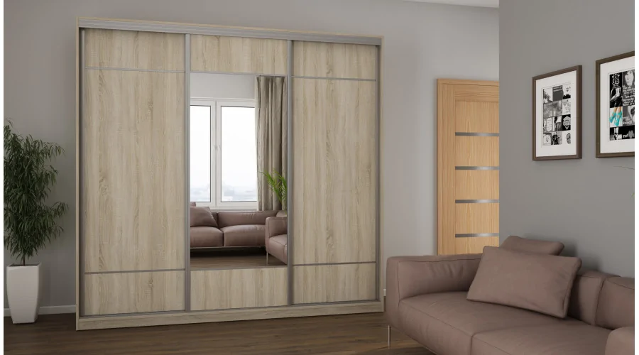Szafa przesuwna 230x220 cm biel / dąb sonoma jasna z lustrem i koszami – Arvello | eMeblast
