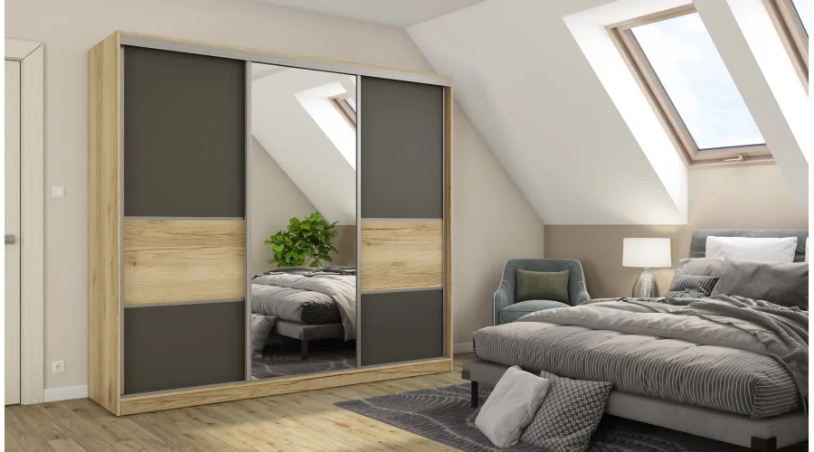 Szafa przesuwna 245x220 cm dąb Grand naturalny / grafit z lustrem – Verdino | eMeblast
