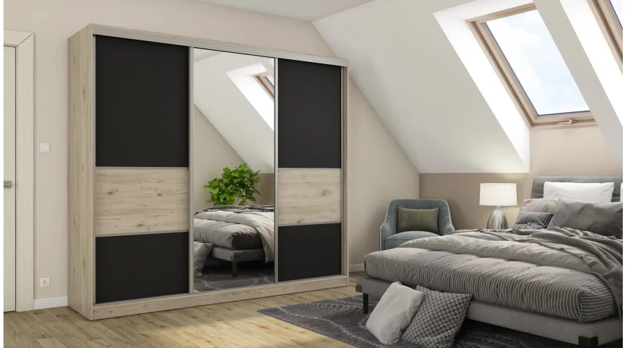 Szafa przesuwna 245x220 cm dąb Bordeaux / czarny z lustrem – Verdino | eMeblast