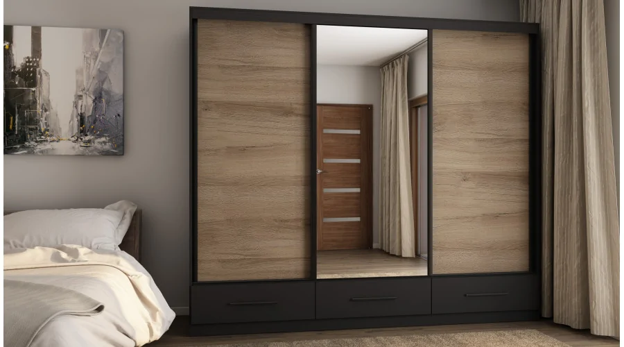Szafa przesuwna 250x216 cm czarna / dąb Lorenzo z lustrem – Extaro | eMeblast