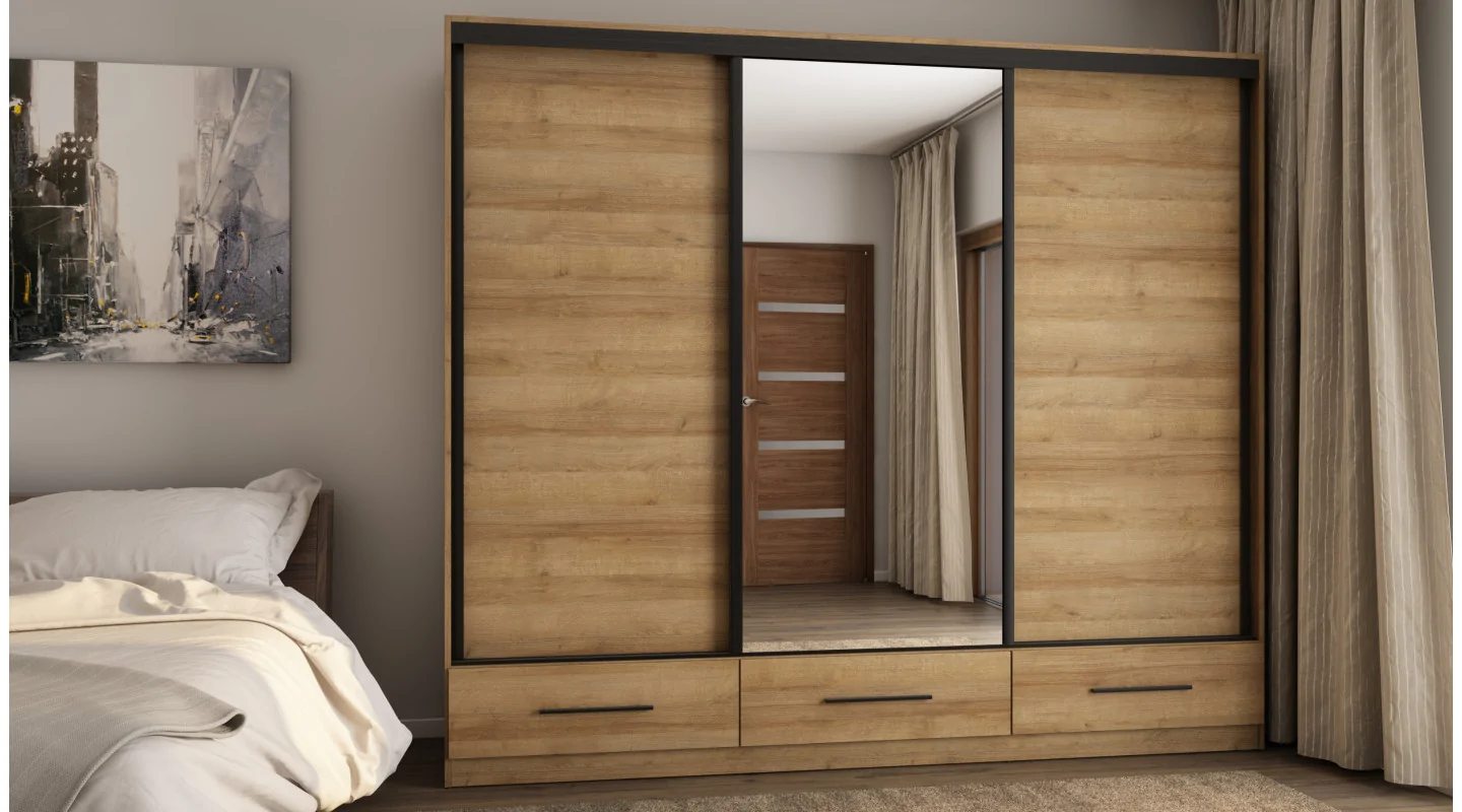Szafa przesuwna 250x216 cm dąb Riva z lustrem i szufladami – Extaro | eMeblast