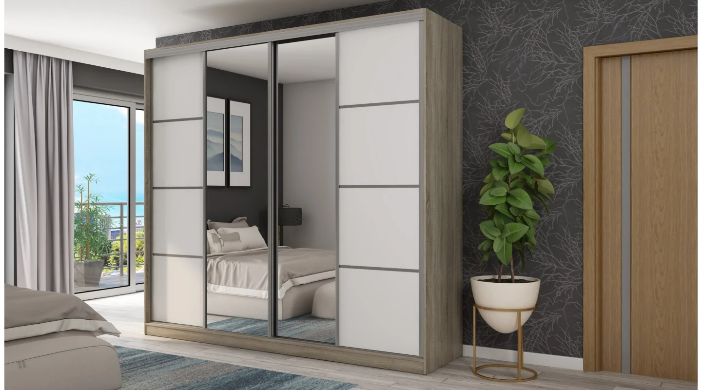 Szafa przesuwna 260x240 cm sonoma jasna / biała z 2 lustrami – Maxdoro | eMeblast