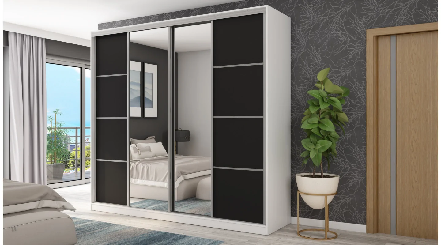 Szafa przesuwna 260x240 cm biała / czarna z 2 lustrami – Maxdoro | eMeblast