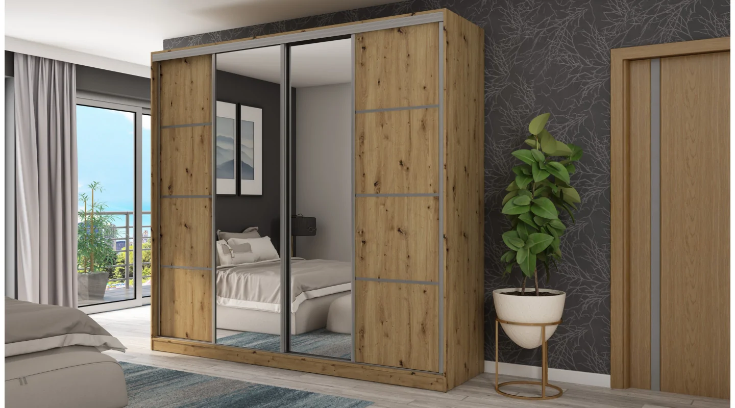 Szafa przesuwna 260x240 cm dąb Artisan z 2 lustrami – Maxdoro | eMeblast