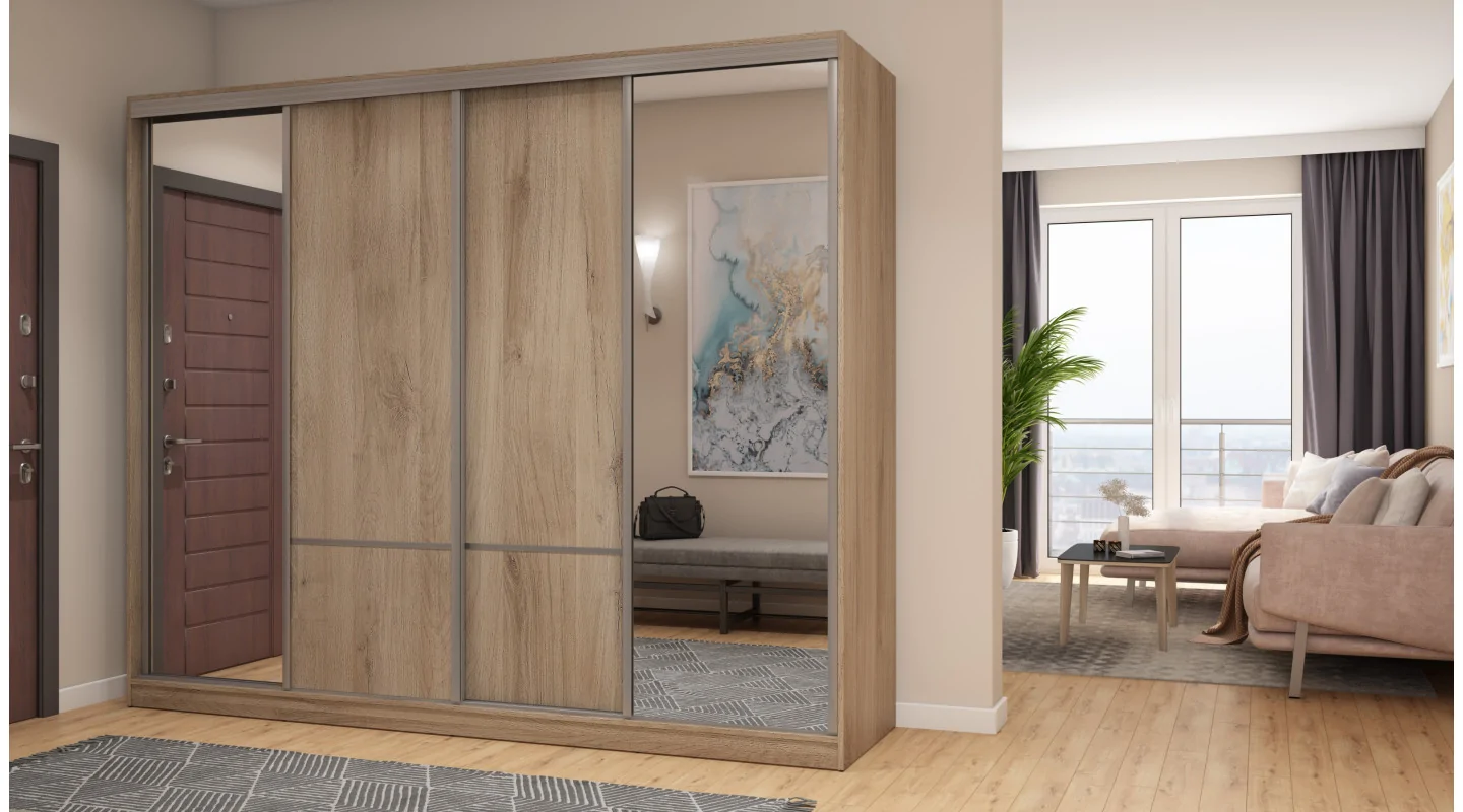 Szafa przesuwna 268x220 cm dąb Lorenzo z 2 lustrami – Virello | eMeblast