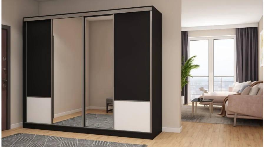 Szafa przesuwna 268x220 cm czarna / biała z 2 lustrami – Virello | eMeblast