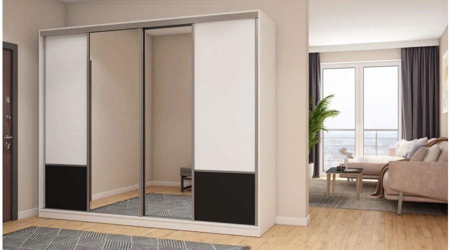 Szafa przesuwna 268x220 cm biała / czarna z 2 lustrami – Virello | eMeblast Szafa przesuwna 268x220 cm biała / czarna z 2 lustrami – Virello | eMeblast