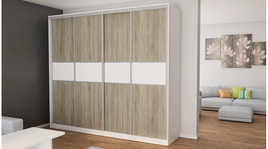 Szafa przesuwna 276x244 cm biała / sonoma jasna – Arvenzo | eMeblast Szafa przesuwna 276x244 cm biała / sonoma jasna – Arvenzo | eMeblast