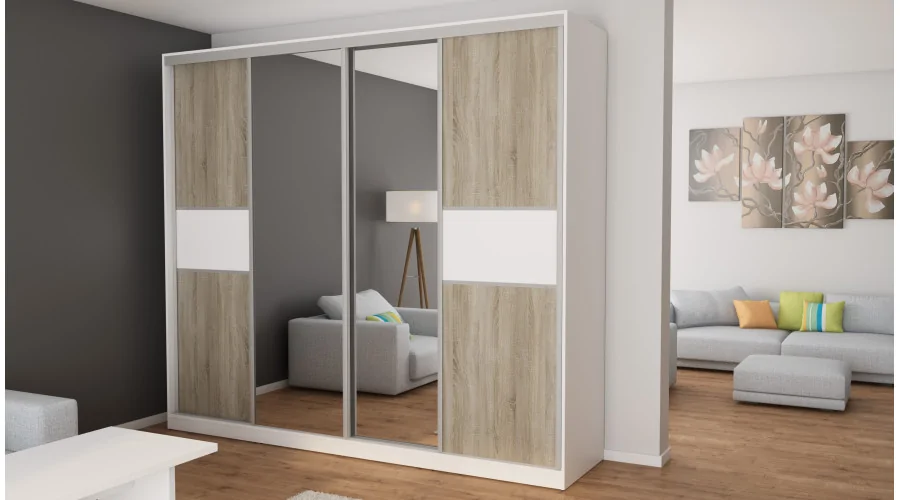 Szafa przesuwna 276x244 cm biała / sonoma jasna z 2 lustrami – Arvenzo | eMeblast