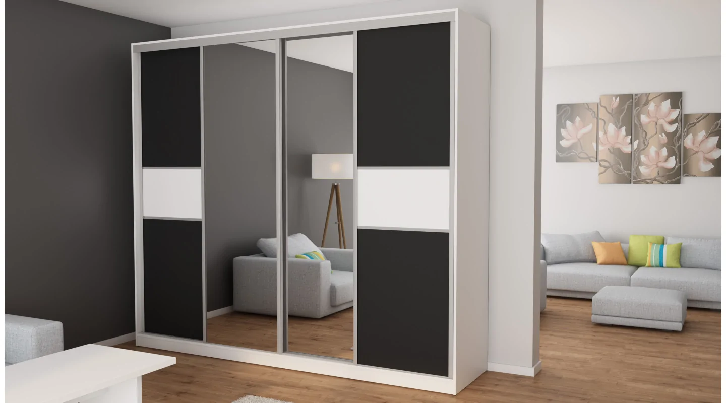 Szafa przesuwna 276x244 cm biała / czarna z 2 lustrami – Arvenzo | eMeblast