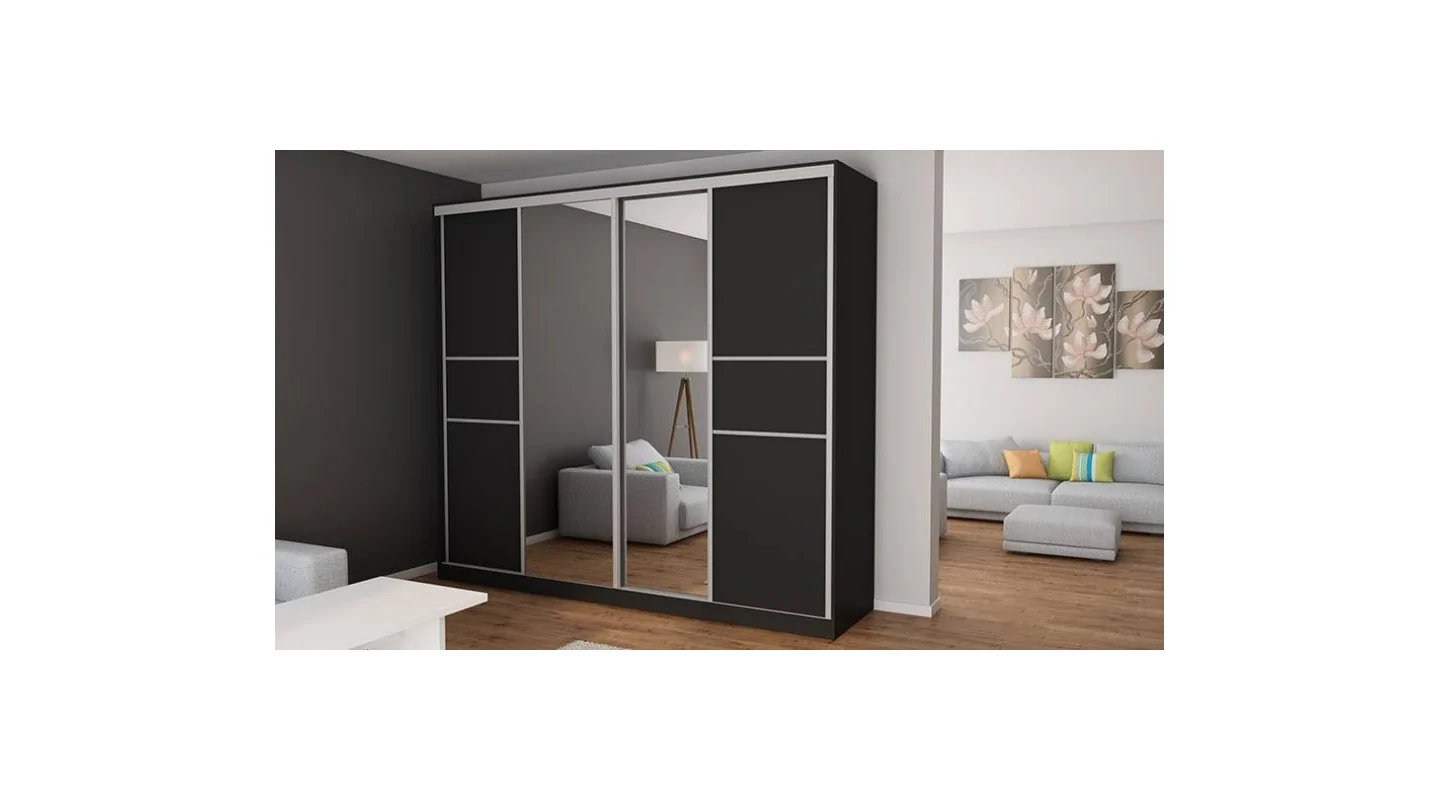 Szafa przesuwna 276x244 cm czarna z 2 lustrami – Arvenzo | eMeblast