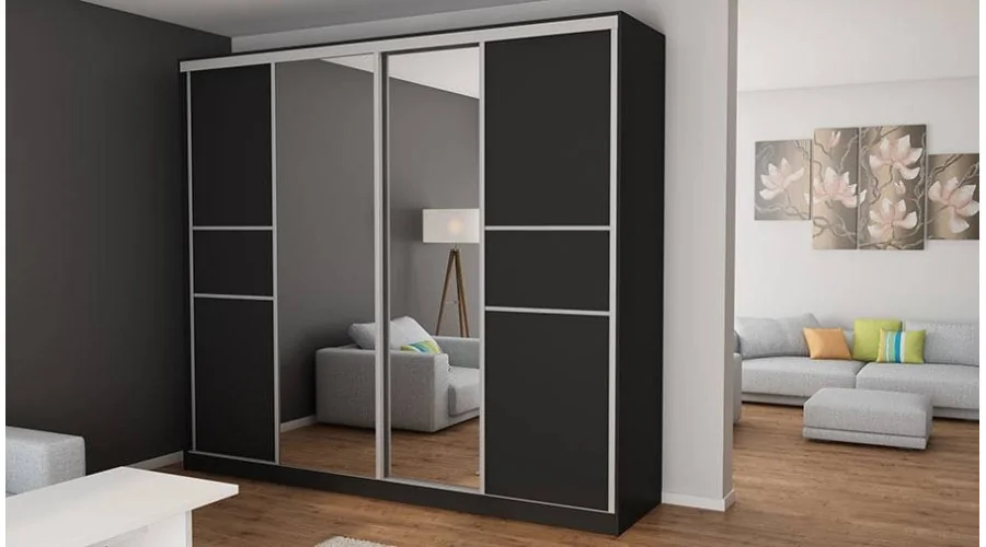 Szafa przesuwna 276x244 cm czarna z 2 lustrami – Arvenzo | eMeblast