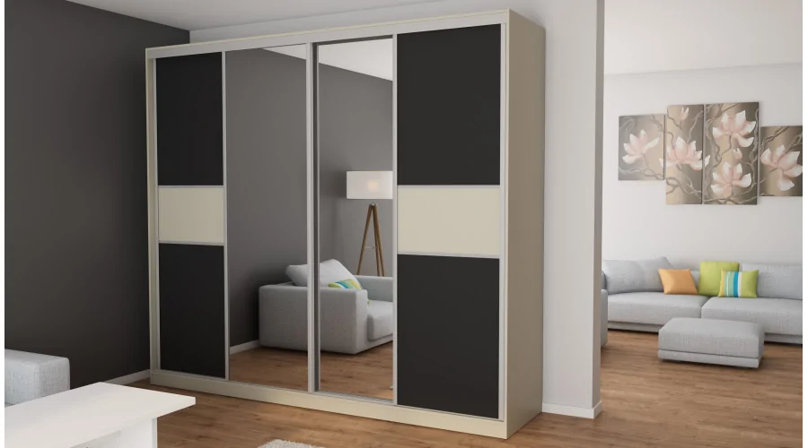 Szafa przesuwna 276x244 cm kaszmirowy beż / czarna z 2 lustrami – Arvenzo | eMeblast