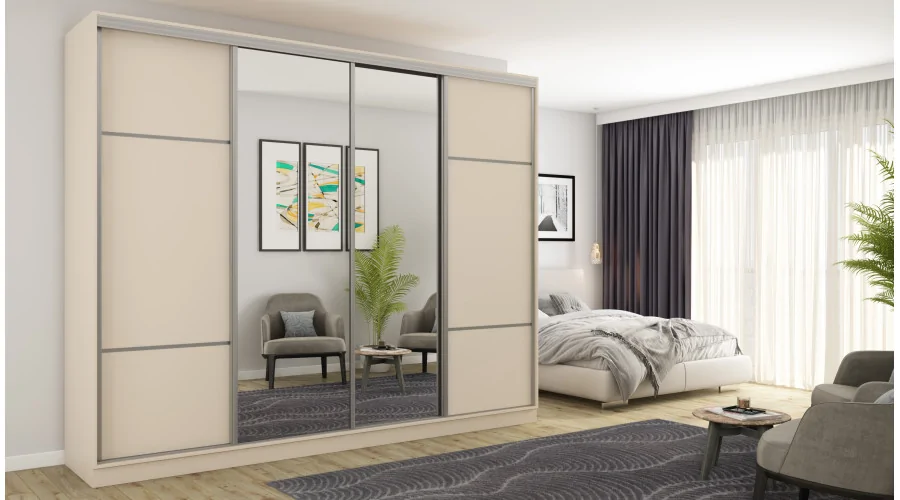 Szafa przesuwna 300x244 cm kość słoniowa 2 lustra - Grandero | eMeblast Szafa przesuwna 300x244 cm kość słoniowa 2 lustra - Grandero | eMeblast