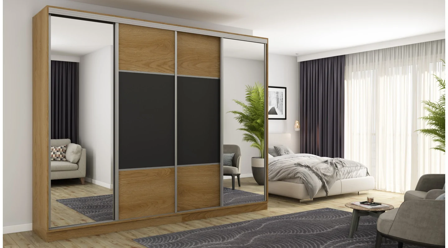 Szafa przesuwna 300x244 cm dąb karmel czarny 2 lustra - Grandero | eMeblast