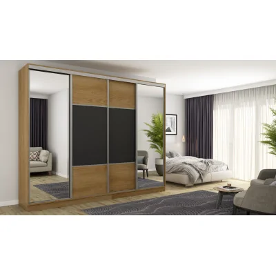 Szafa przesuwna 300x244 cm dąb karmel czarny 2 lustra - Grandero | eMeblast