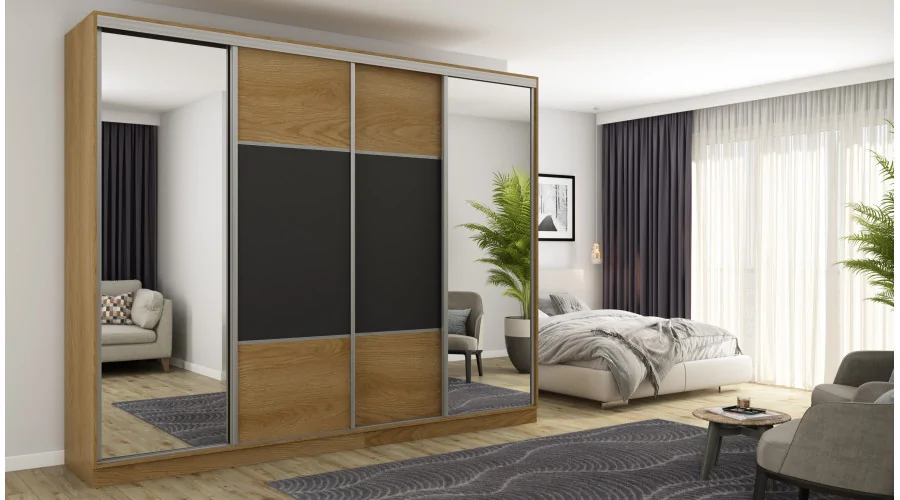 Szafa przesuwna 300x244 cm dąb karmel czarny 2 lustra - Grandero | eMeblast