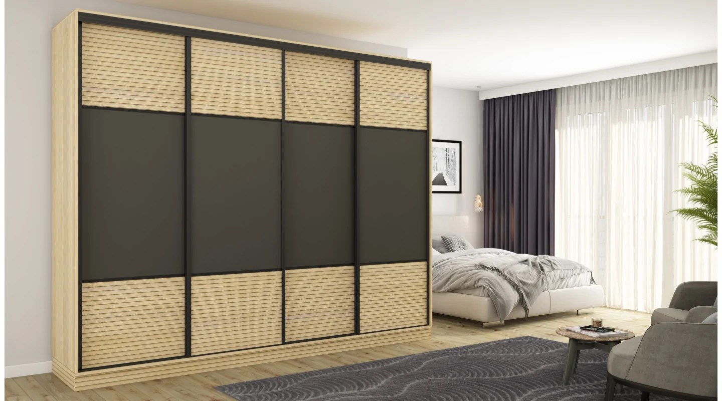 Szafa przesuwna 300x244 cm szary grafit dąb gaja lamele - Grandero | eMeblast