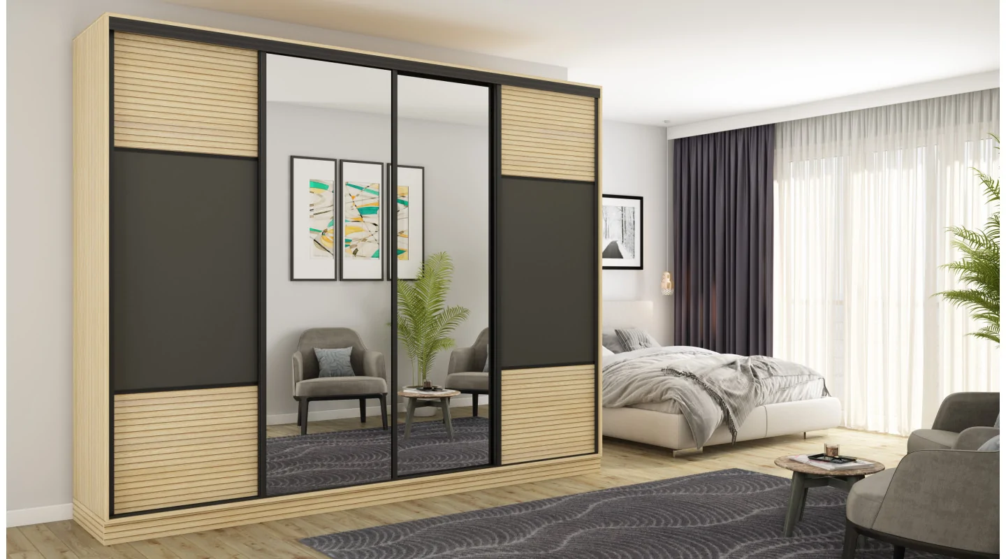 Szafa przesuwna 300x244 cm szary grafit dąb gaja lamele 2 lustra - Grandero | eMeblast