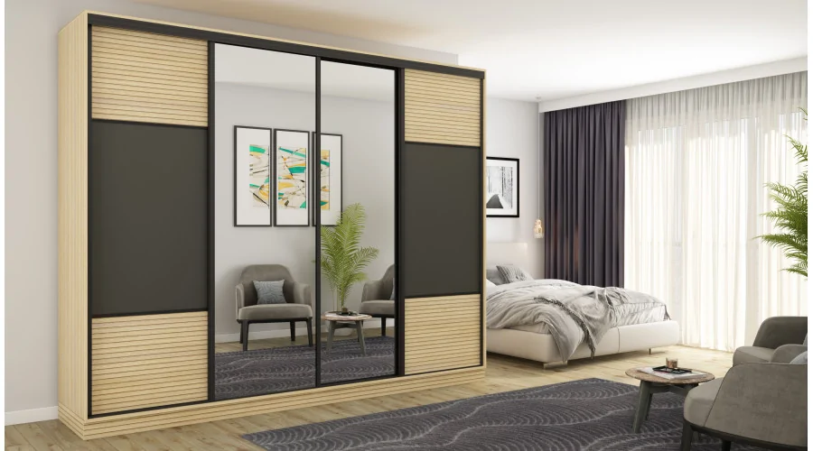 Szafa przesuwna 300x244 cm szary grafit dąb gaja lamele 2 lustra - Grandero | eMeblast
