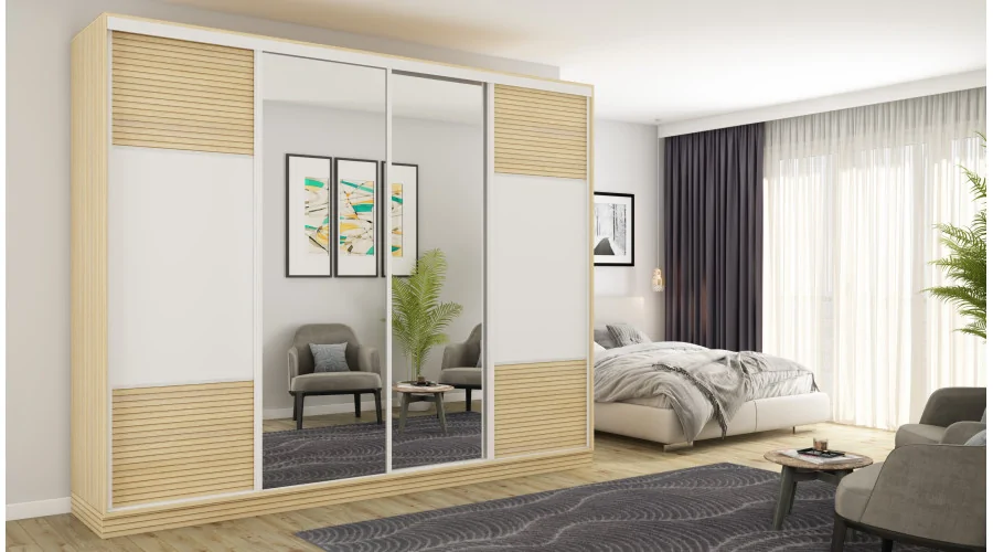 Szafa przesuwna 300x244 cm biel dąb gaja lamele 2 lustra - Grandero | eMeblast