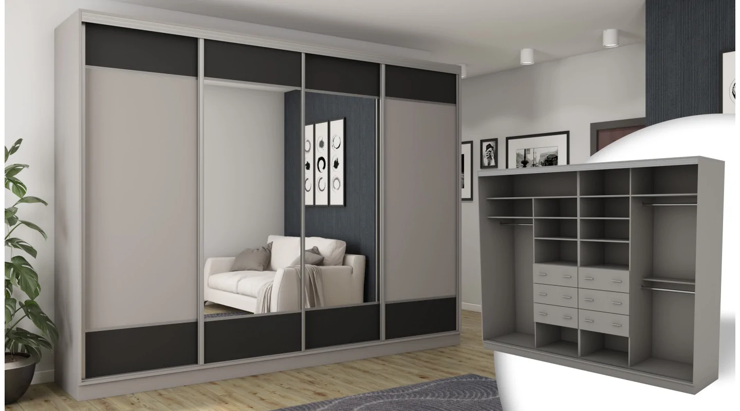 Szafa przesuwna 320x244 cm szary czarny 2 lustra - Varento | eMeblast