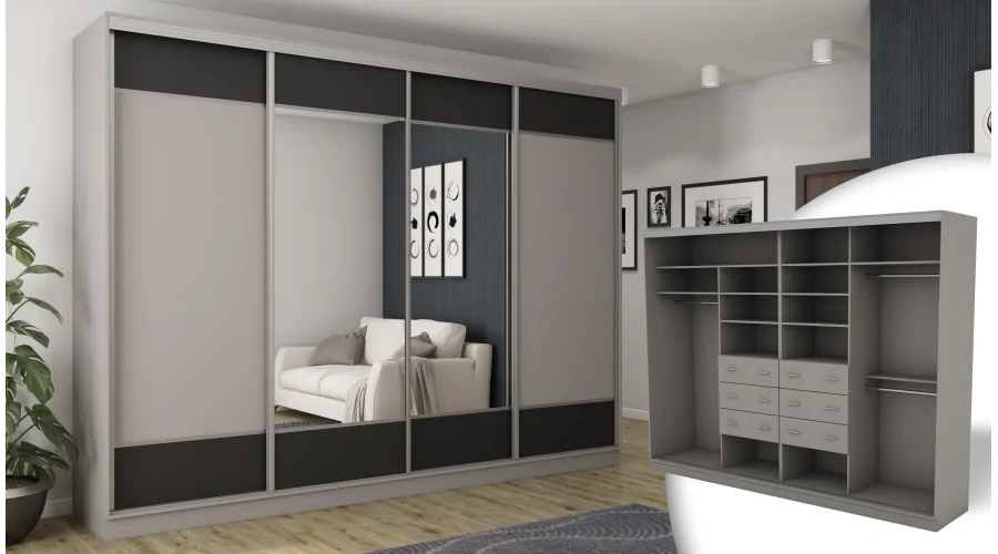 Szafa przesuwna 320x244 cm szary czarny 2 lustra - Varento | eMeblast