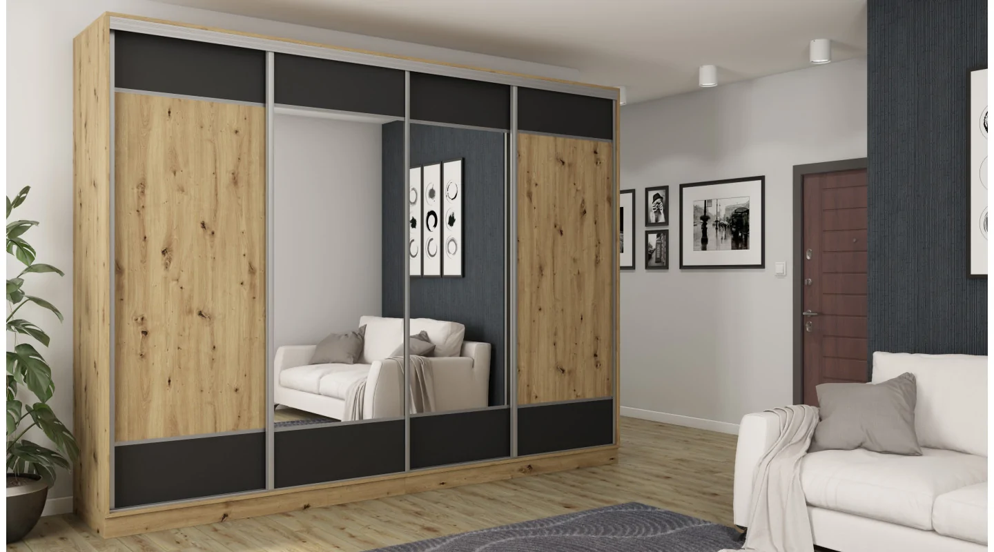 Szafa przesuwna 320x244 cm dąb artisan czarny 2 lustra - Varento | eMeblast