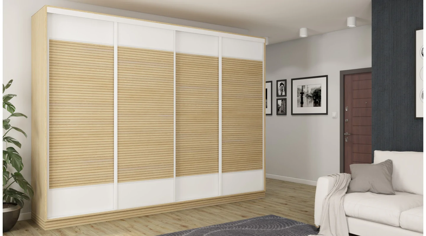 Szafa przesuwna 320x244 cm biel dąb gaja lamele - Varento | eMeblast Szafa przesuwna 320x244 cm biel dąb gaja lamele - Varento | eMeblast
